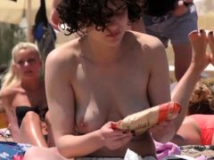 Beauty Brunette Lass Topless Beach Voyeur Public